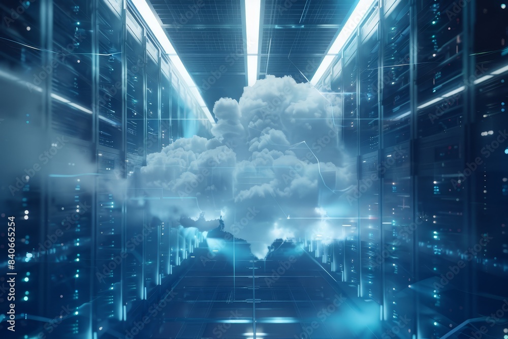 Aufkleber futuristic cloud computing concept in a modern data center with illuminated servers and a virtual cl