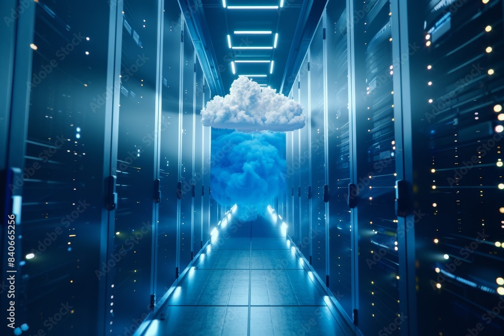 Poster stylized data center corridor with futuristic server racks and a cloud symbolizing cloud computing. 