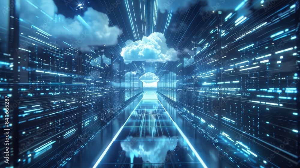 Poster futuristic data cloud storage concept with neon lights and digital pathways, representing advanced t