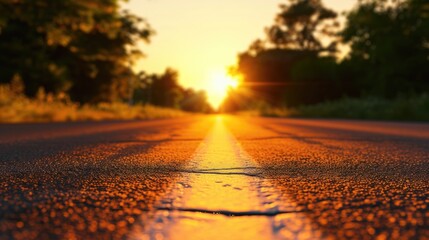 A sunny day scene with a small puddle of water on a road, suitable for use in advertising or editorial contexts