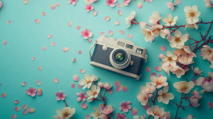 Creative top-down view of a professional camera surrounded by fresh blooming flowers in spring on a gentle light mint blue background, embodying the spirit of creative and inspirational photography.