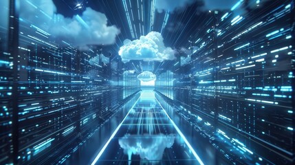 Futuristic data cloud storage concept with neon lights and digital pathways, representing advanced technology and internet infrastructure.