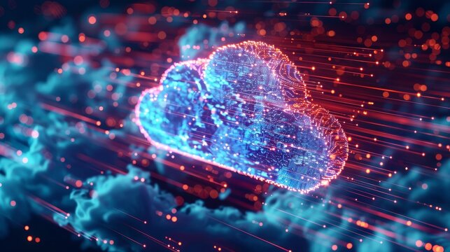 A digital cloud with glowing network connections, symbolizing cloud computing and data storage, with vibrant blue and red lights.