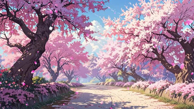 A Serene and Breathtaking Anime Landscape with Cherry Blossom Trees and a Winding Path - A High-Quality Visual Masterpiece with Falling Petals