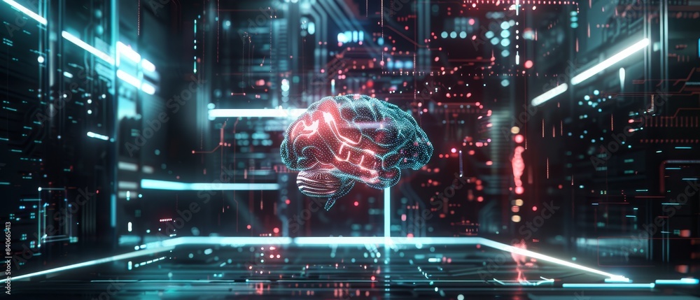 Poster futuristic digital brain hologram with neon lights and circuit background, representing ai technolog