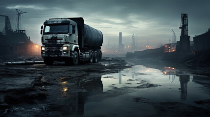 Cargo truck driving in the night or sundown. Transportation industry scene with long haul car.