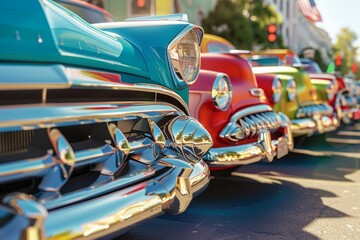 Close-up of vintage classic cars lined up at a car show on a sunny day with vibrant colors and chrome accents.