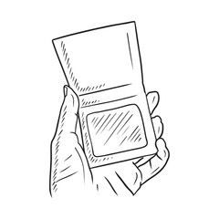 Powder blush in square shape refil in hand in black line style isolated on white background. Hand drawn vector sketch illustration in doodle engraved line art vintage style. Cosmetics, makeup.