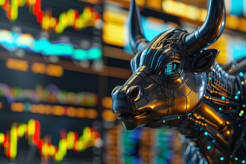Robot Bull looking on big screen trading Bullish in Stock market and Crypto currency. 