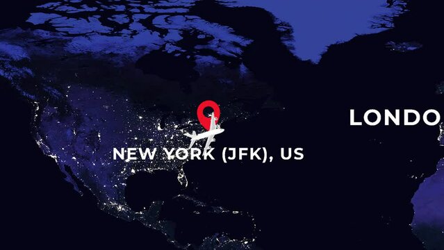International flight night travel route from NEW YORK (JFK), US to LONDON HEATHROW (LHR), GB on worlds map in 4K