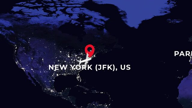 International flight night travel route from NEW YORK (JFK), US to PARIS CHARLES DE GAULLE (CDG), FR on worlds map in 4K