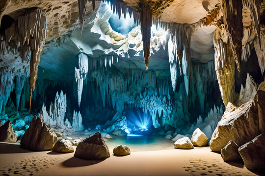 A mysterious cave interior with stunning rock formations stalactites and stalagmites and a sense of adventure and discovery