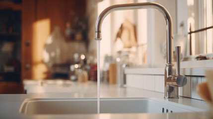 A close-up shot of a kitchen sink faucet in operation, water flowing from the spout