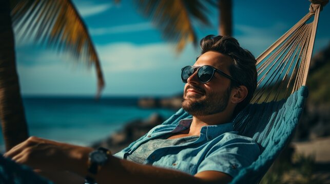Man in sunglasses lounging on a hammock by the beach, enjoying the tropical view. Great for themes of relaxation, travel, and summer holidays.