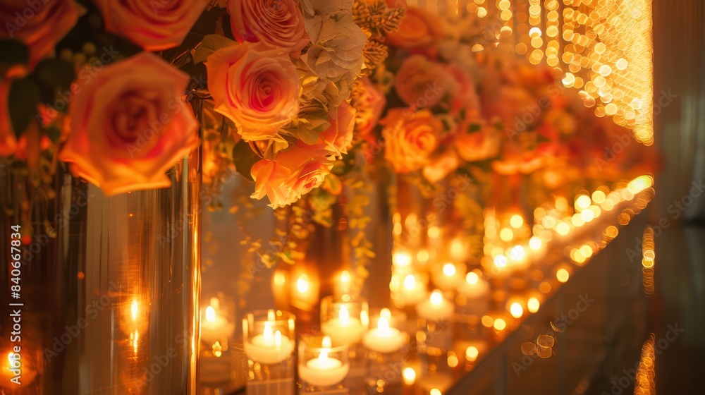 Poster a row of vases with candles and flowers in them