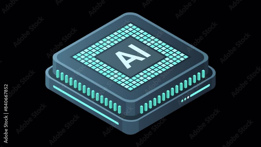 Poster isometric artificial intelligence chip animation. artificial intelligence concept. futuristic microc