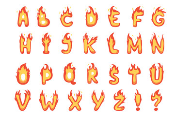 Alphabet illustration in flat cartoon design. This vibrant image features a gorgeous alphabet with fiery letters on a white background. Vector illustration.