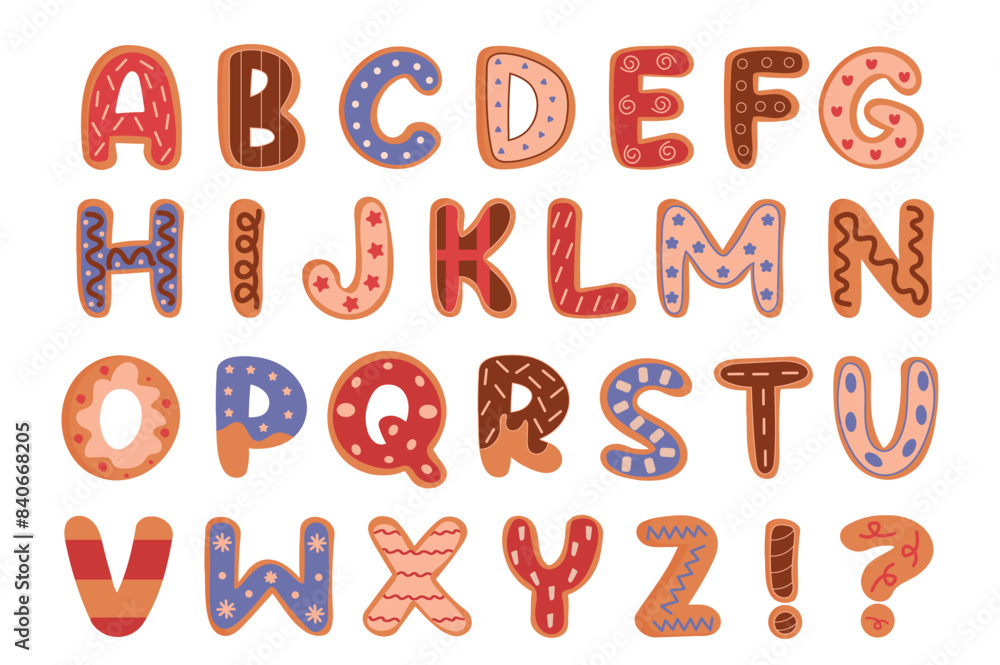 Poster alphabet illustration in flat cartoon design. this image features letters in the shape of sweets and
