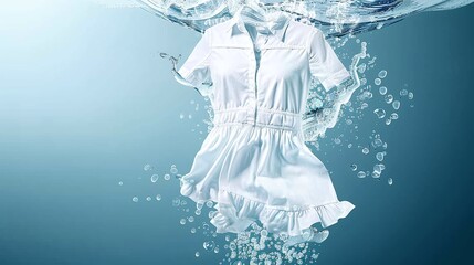 cleaning clothes washing machine or detergent liquid commercial advertisement style with floating shirt and dress underwater with bubbles and wet splashes laundry work as banner design with copy space