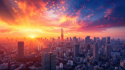 Fototapeta premium Stunning Urban Sunset Over Modern City Skyline with Vibrant Colors and Dramatic Clouds