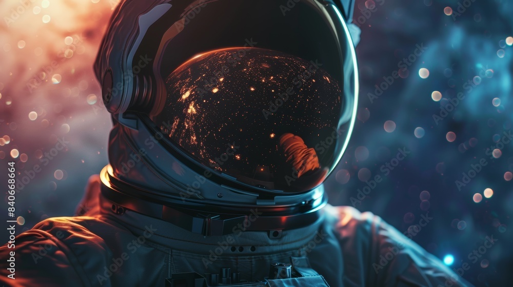 Poster an astronaut looks out into the universe, his helmet filled with the glow of distant stars and cosmi