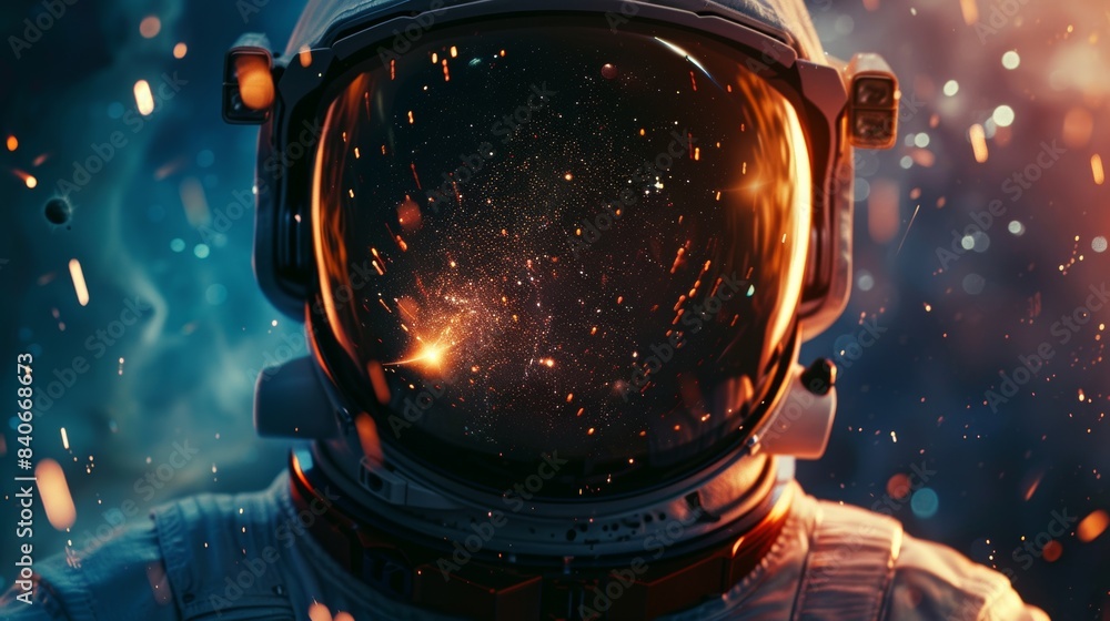 Poster an astronaut looks out into the universe, his helmet filled with the glow of distant stars and cosmi
