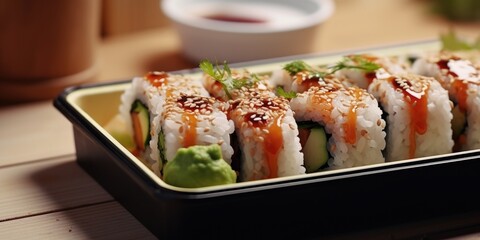 A colorful display of sushi rolls, sauce, and garnishes