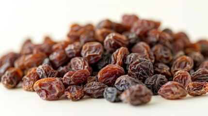 A pile of dried raisins on a white surface