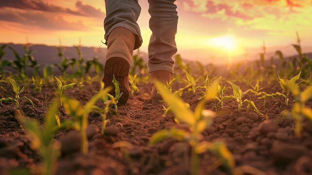 Farmer boots walking away from the camera in a field of sprouting corn at sunset. Generative AI
