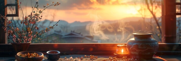 Capturing a serene sunset view with traditional tea settings on a wooden table, symbolizing tranquility and cultural heritage.
