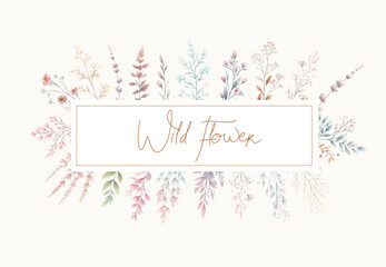 Wedding card design with wild flower frame. Floral invitation template.
