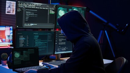 Hacker arriving in hidden underground shelter, prepared to launch DDoS attack on websites....