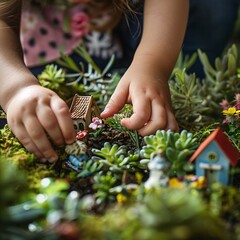 A detailed macro shot of a mother and child making a fairy garden, captured in 4k resolution with a DSLR camera. They are placing miniature houses and figures among plants, with detailed focus on