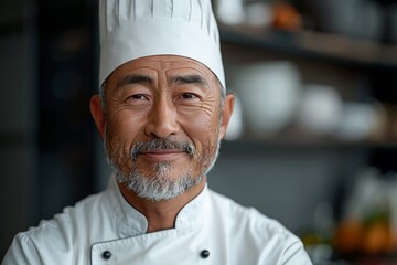 In a professional kitchen, a positive Japanese sushi master prepares delicious dishes with expertise and a smile.