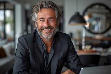 Fototapeta premium In a stylish home portrait, a handsome, mature gentleman smiles confidently, exuding success and professionalism.