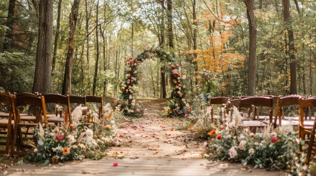 A wedding ceremony is taking place in a forest