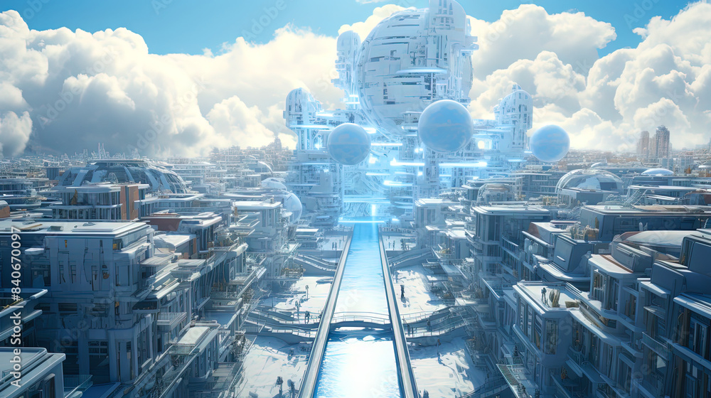 Poster concept of a digital city with cloud connections. futuristic network in the clouds.
