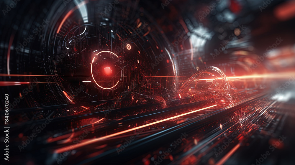Poster Abstract technology burst with glowing wires and particles in motion. Technology and science dynamic background.