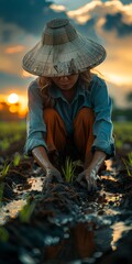 An agricultural illustration of an Asian woman farmer wearing a straw hat is planting rice in the warming sunlight in a countryside field with green grasses.