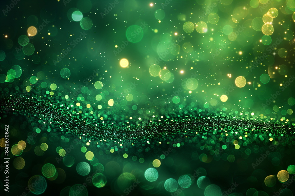 Wall mural abstract green glitter bokeh background with wavy patterns and sparkling lights