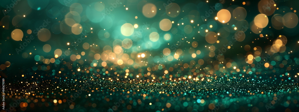 Wall mural abstract image blend of teal and gold hues. the sparkling bokeh, magical and festive atmosphere