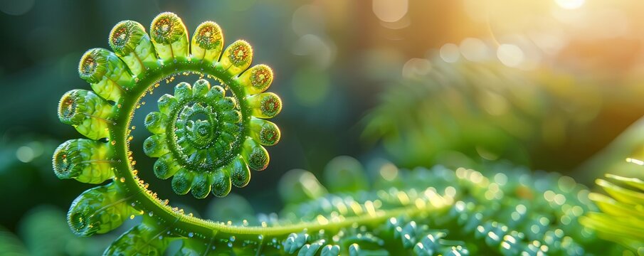 Close-up of a green fern frond unfurling in the sunlight.