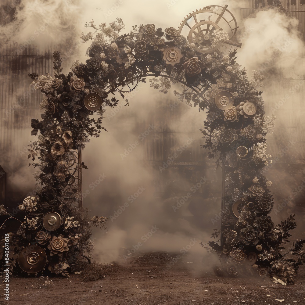 Poster a large archway with flowers and a clock on it