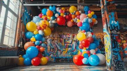 Fototapeta premium A room with a colorful arch made of balloons