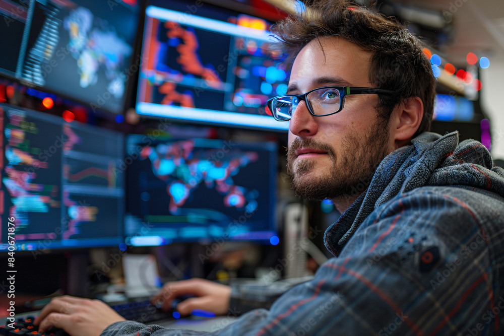 Poster man working on multiple computer screens with data. indoor portrait. technology and cybersecurity co