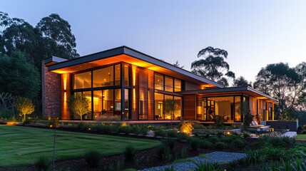Fototapeta premium Contemporary Australian House Illuminated at Dusk