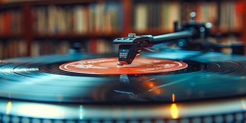 Naklejka premium A close up of a record player needle playing a vinyl record. The record is spinning on a turntable, with the needle moving across the grooves. In the background