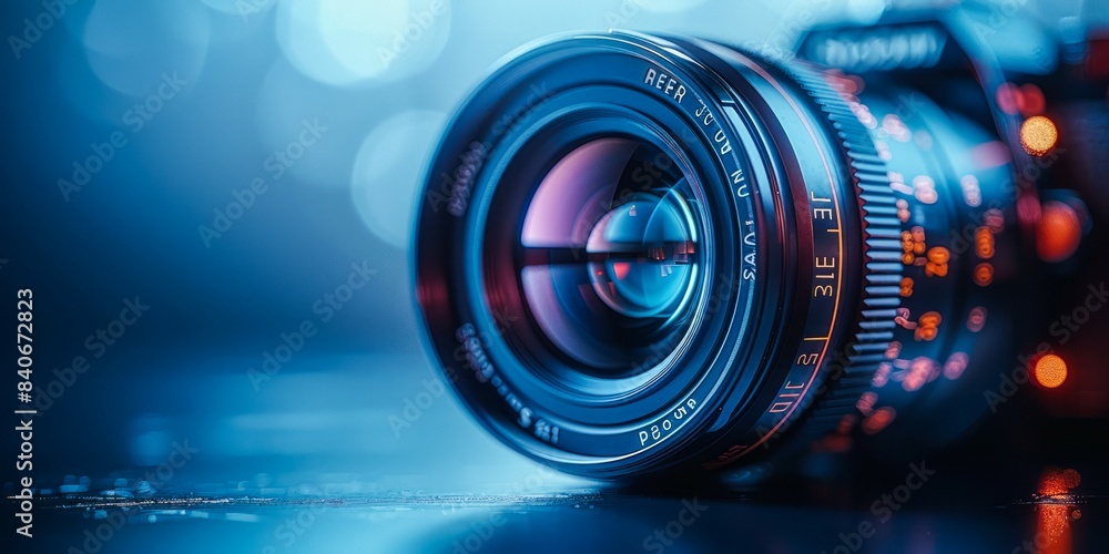 Poster a close-up image of a camera lens with blue bokeh in the background