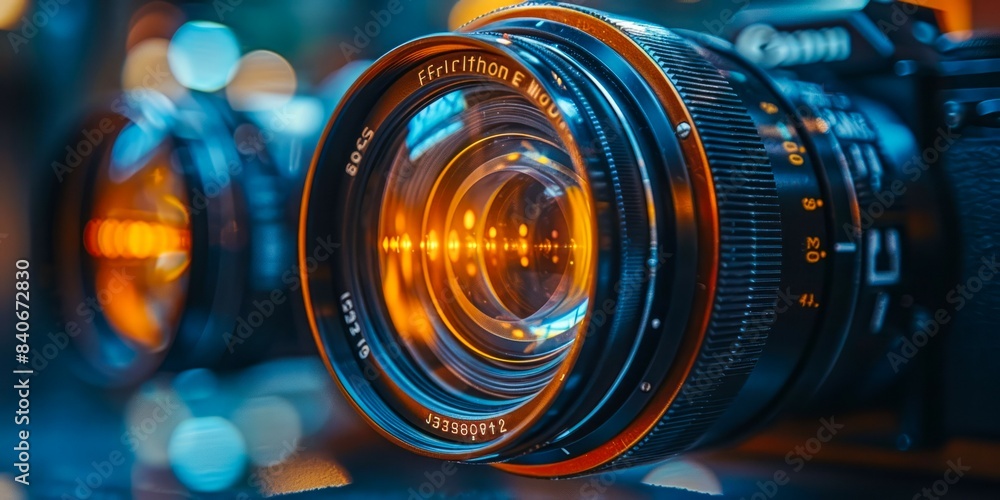 Poster a close-up shot of a camera lens with bokeh lights in the background