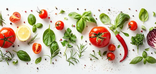 Fresh herbs, tomatoes, and spices arranged on a white background.
